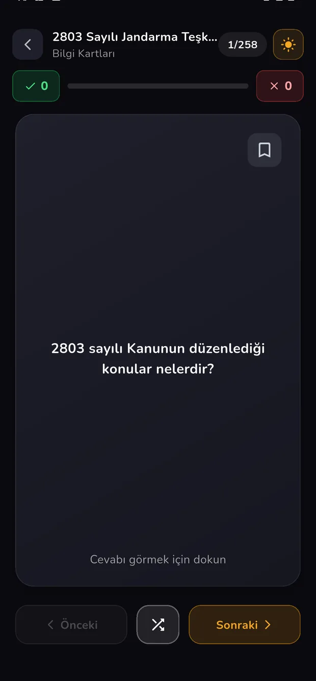 Bilgi kartı ekranı: kartın soru yüzü ve cevabı görmek için dokun yazısı