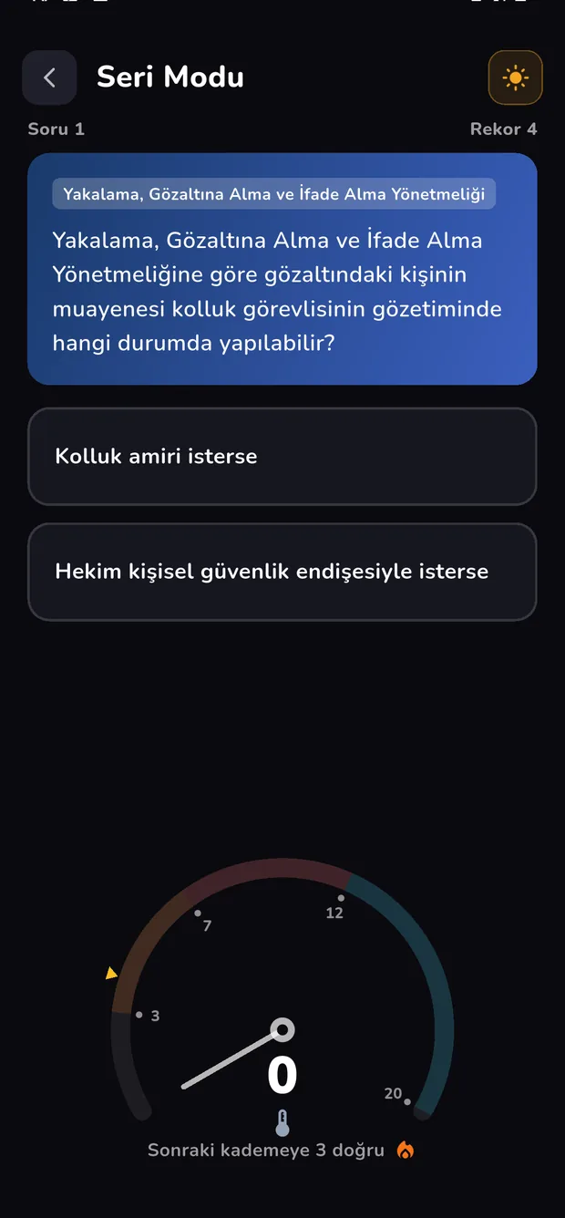 Seri Modu ekranı: iki cevaplı soru ve seri göstergesi