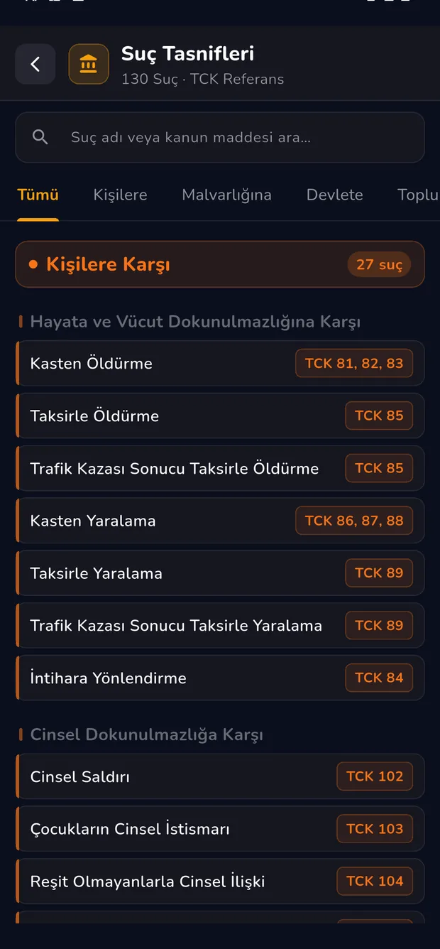 Mevzuat modülü, Suç Tasnifleri ekranı: suçlar kategorilere göre, TCK maddeleriyle
