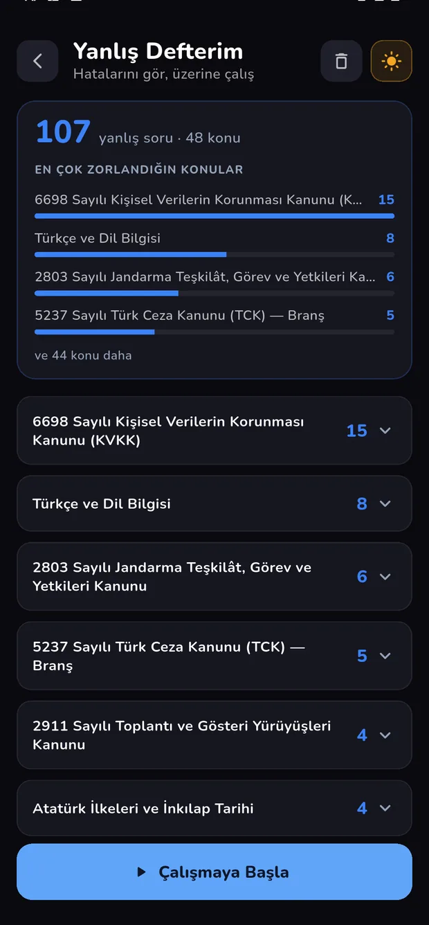 Yanlış Defterim ekranı: en çok zorlandığın konular ve çalışmaya başla düğmesi